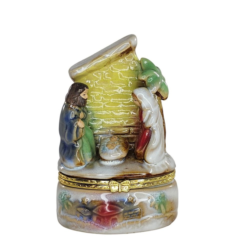 Nativity Scene Trinket Box Hinged Ceramic Mary Joseph Baby Jesus
